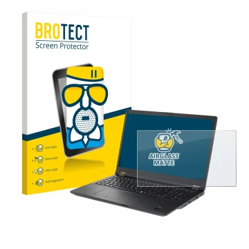 Front side of a product packaging with the brand logo BROTECT. Next to it is the device Fujitsu Lifebook U7511 shown with the 
