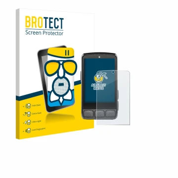 Front side of a product packaging with the brand logo BROTECT. Next to it is the device Wahoo Elemnt Roam V3 shown with the co