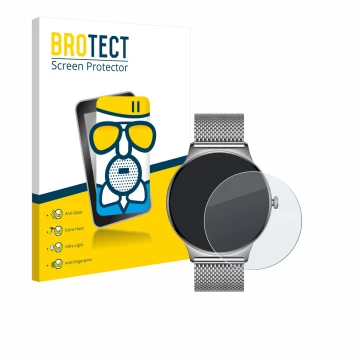 Front side of a product packaging with the brand logo BROTECT. Next to it is the device Pireware Slim Smartwatch shown with th