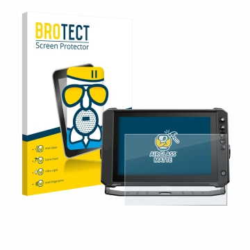 Front side of a product packaging with the brand logo BROTECT. Next to it is the device Lowrance Elite FS 10 shown with the co