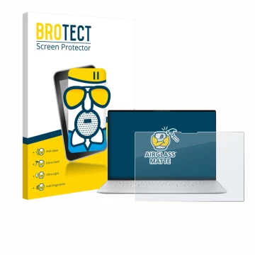 Front side of a product packaging with the brand logo BROTECT. Next to it is the device Dell XPS 13 9350 2024 shown with the c