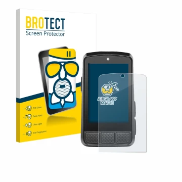 Front side of a product packaging with the brand logo BROTECT. Next to it is the device Wahoo Elemnt Bolt 3 shown with the cor