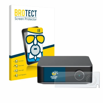 Front side of a product packaging with the brand logo BROTECT. Next to it is the device WiiM Ultra shown with the correspondin
