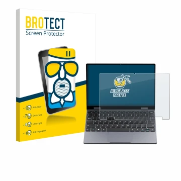 Front side of a product packaging with the brand logo BROTECT. Next to it is the device Chuwi MiniBook X N150 shown with the c
