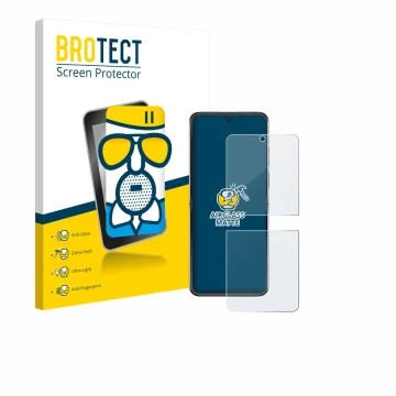 Front side of a product packaging with the brand logo BROTECT. Next to it is the device Motorola Razr 60 shown with the corres