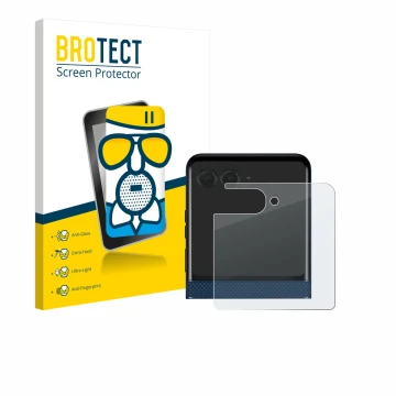 Front side of a product packaging with the brand logo BROTECT. Next to it is the device Motorola Razr 60 (Back display) shown 