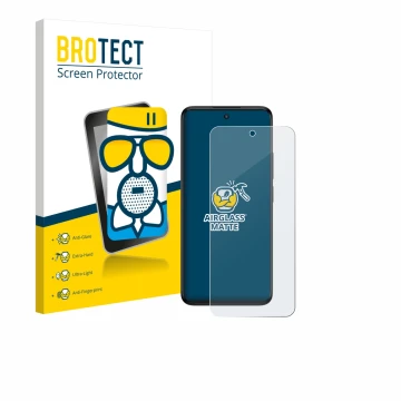 Front side of a product packaging with the brand logo BROTECT. Next to it is the device TCL SE NxtPaper 5G shown with the corr