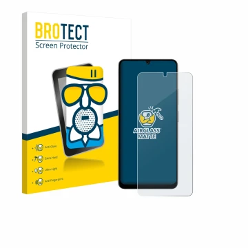 Front side of a product packaging with the brand logo BROTECT. Next to it is the device Doogee Note 59 Pro shown with the corr