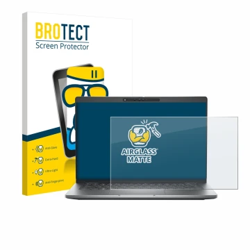 Front side of a product packaging with the brand logo BROTECT. Next to it is the device Dell Latitude 5330 shown with the corr