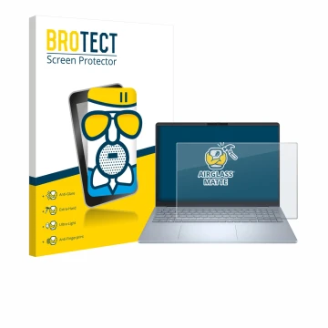 Front side of a product packaging with the brand logo BROTECT. Next to it is the device Dell 16 Plus Laptop shown with the cor