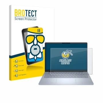 Front side of a product packaging with the brand logo BROTECT. Next to it is the device Dell 14 Plus Laptop shown with the cor