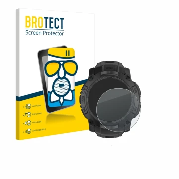 Front side of a product packaging with the brand logo BROTECT. Next to it is the device Garmin Instinct 3 Tactical AMOLED Edit