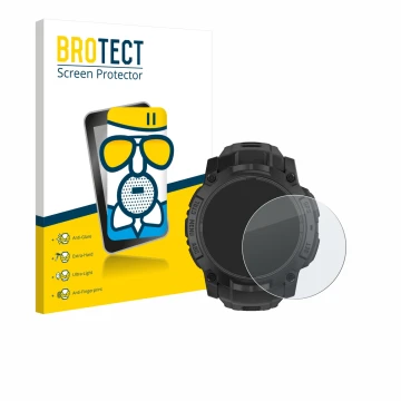 Front side of a product packaging with the brand logo BROTECT. Next to it is the device Garmin Instinct 3 Solar Tactical Editi
