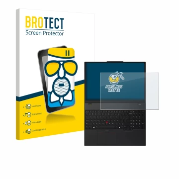 Front side of a product packaging with the brand logo BROTECT. Next to it is the device Lenovo ThinkPad T16 Gen 4 shown with t