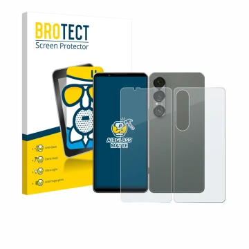 Front side of a product packaging with the brand logo BROTECT. Next to it is the device Sony Xperia 1 VII (Front+Back) shown w