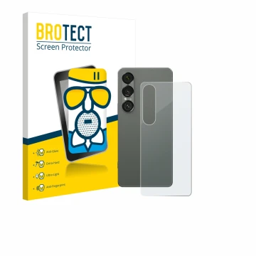 Front side of a product packaging with the brand logo BROTECT. Next to it is the device Sony Xperia 1 VII (Back) shown with th