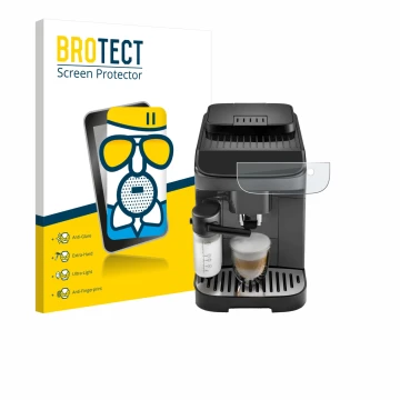 Front side of a product packaging with the brand logo BROTECT. Next to it is the device DeLonghi Magnifica Evo shown with the 