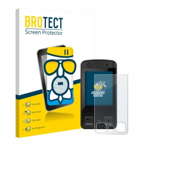 Front side of a product packaging with the brand logo BROTECT. Next to it is the device Bosch Kiox 400C shown with the corresp