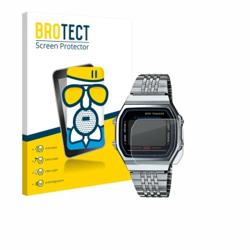 Front side of a product packaging with the brand logo BROTECT. Next to it is the device Casio iconic ABL-100WE-1A shown with t