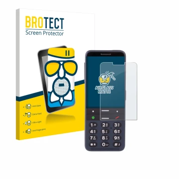 Front side of a product packaging with the brand logo BROTECT. Next to it is the device BlindShell Classic 3 shown with the co