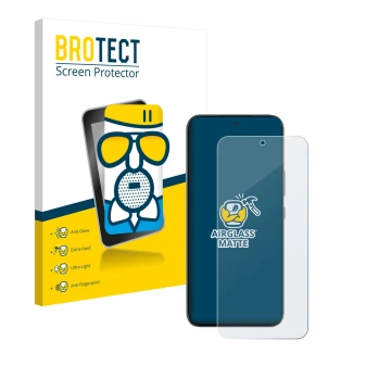 Front side of a product packaging with the brand logo BROTECT. Next to it is the device Infinix GT 30 Pro shown with the corre
