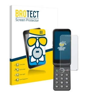 Front side of a product packaging with the brand logo BROTECT. Next to it is the device Doro Aurora A20 shown with the corresp