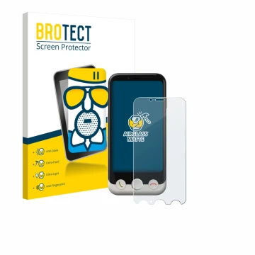 Front side of a product packaging with the brand logo BROTECT. Next to it is the device Doro Aurora A10 shown with the corresp
