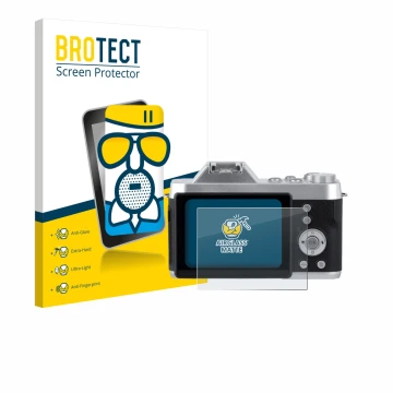 Front side of a product packaging with the brand logo BROTECT. Next to it is the device Rollei Powerflex 10x Retro shown with 