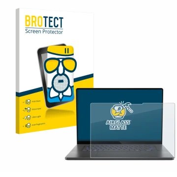 Front side of a product packaging with the brand logo BROTECT. Next to it is the device ASUS ROG Zephyrus G16 2025 shown with 