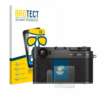Front side of a product packaging with the brand logo BROTECT. Next to it is the device Fujifilm X Half X-HF1 shown with the c