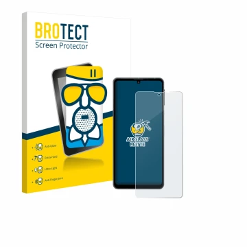 Front side of a product packaging with the brand logo BROTECT. Next to it is the device Sharp Aquos Sense 8 shown with the cor