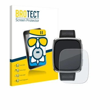 Front side of a product packaging with the brand logo BROTECT. Next to it is the device Amazfit Active 2 (rectangular) shown w