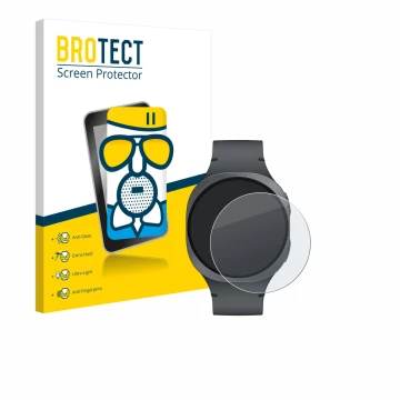 Front side of a product packaging with the brand logo BROTECT. Next to it is the device Samsung Galaxy Watch 8 (40 mm) shown w
