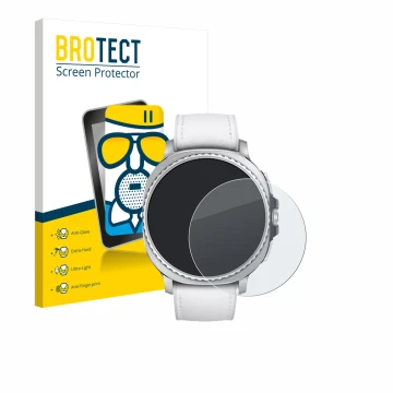 Front side of a product packaging with the brand logo BROTECT. Next to it is the device Samsung Galaxy Watch 8 Classic (46 mm)
