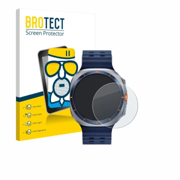 Front side of a product packaging with the brand logo BROTECT. Next to it is the device Samsung Galaxy Watch Ultra 2 (47 mm) s