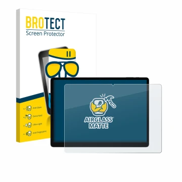 Front side of a product packaging with the brand logo BROTECT. Next to it is the device Doogee Tab E3 Max 14 shown with the co