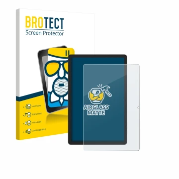 Front side of a product packaging with the brand logo BROTECT. Next to it is the device Doogee Tab E3 Pro 13 shown with the co