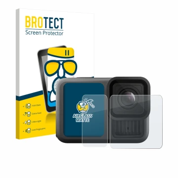 Front side of a product packaging with the brand logo BROTECT. Next to it is the device GoPro Hero 13 Black Ultra Wide Edition