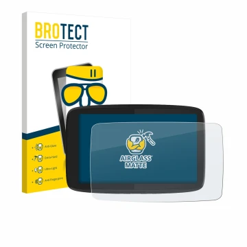 Front side of a product packaging with the brand logo BROTECT. Next to it is the device TomTom GO Camper Tour shown with the c