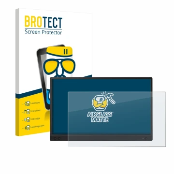 Front side of a product packaging with the brand logo BROTECT. Next to it is the device ASUS ZenScreen MB166C shown with the c