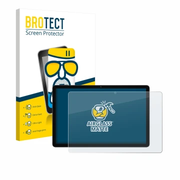 Front side of a product packaging with the brand logo BROTECT. Next to it is the device Doogee Tab A9 Pro+ shown with the corr