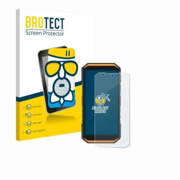 Front side of a product packaging with the brand logo BROTECT. Next to it is the device Ulefone Armor X32 Pro shown with the c