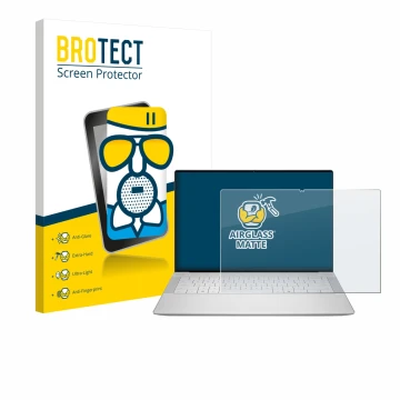 Front side of a product packaging with the brand logo BROTECT. Next to it is the device Dell 14 Premium Laptop shown with the 