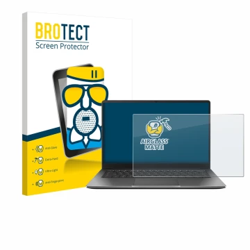 Front side of a product packaging with the brand logo BROTECT. Next to it is the device ASUS Chromebook Plus CX14 shown with t