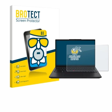 Front side of a product packaging with the brand logo BROTECT. Next to it is the device Lenovo ThinkPad L14 Gen 6 shown with t