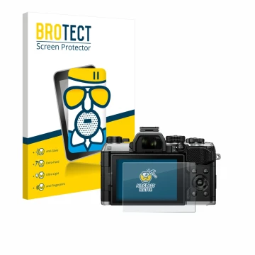 Front side of a product packaging with the brand logo BROTECT. Next to it is the device Olympus OM System OM-5 Mark II shown w