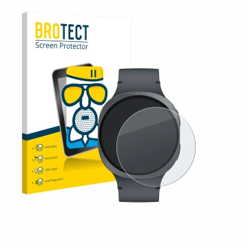 Front side of a product packaging with the brand logo BROTECT. Next to it is the device Samsung Galaxy Watch 8 (44 mm) shown w
