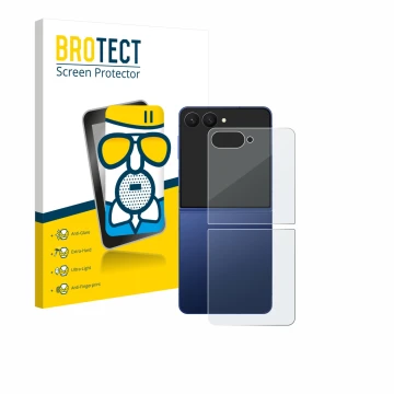 Front side of a product packaging with the brand logo BROTECT. Next to it is the device Samsung Galaxy Z Flip 7 (Back) shown w