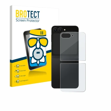 Front side of a product packaging with the brand logo BROTECT. Next to it is the device Samsung Galaxy Z Flip 7 FE (Back) show