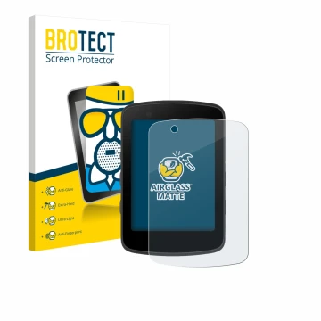 Front side of a product packaging with the brand logo BROTECT. Next to it is the device Bryton Rider 650 shown with the corres